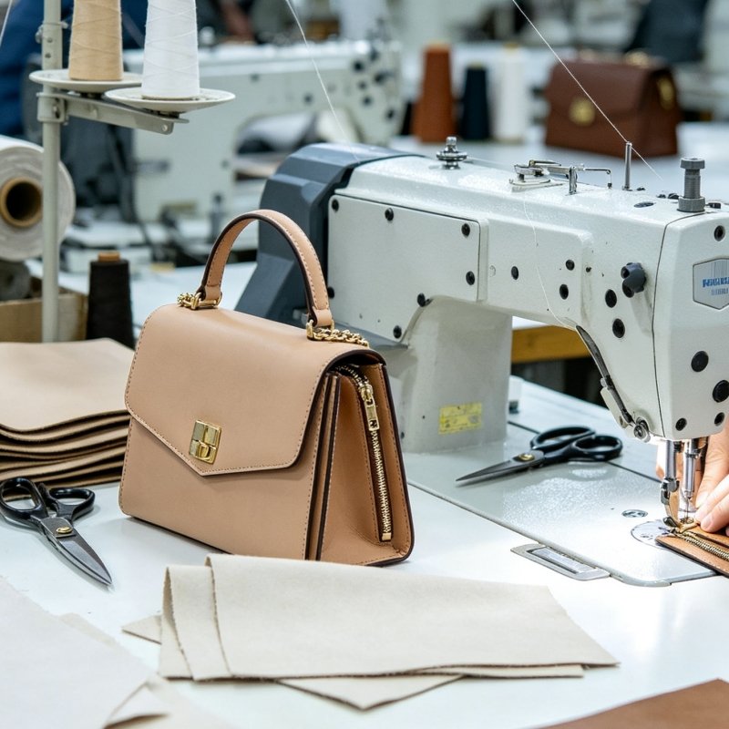 Handbag on sewing table with tools