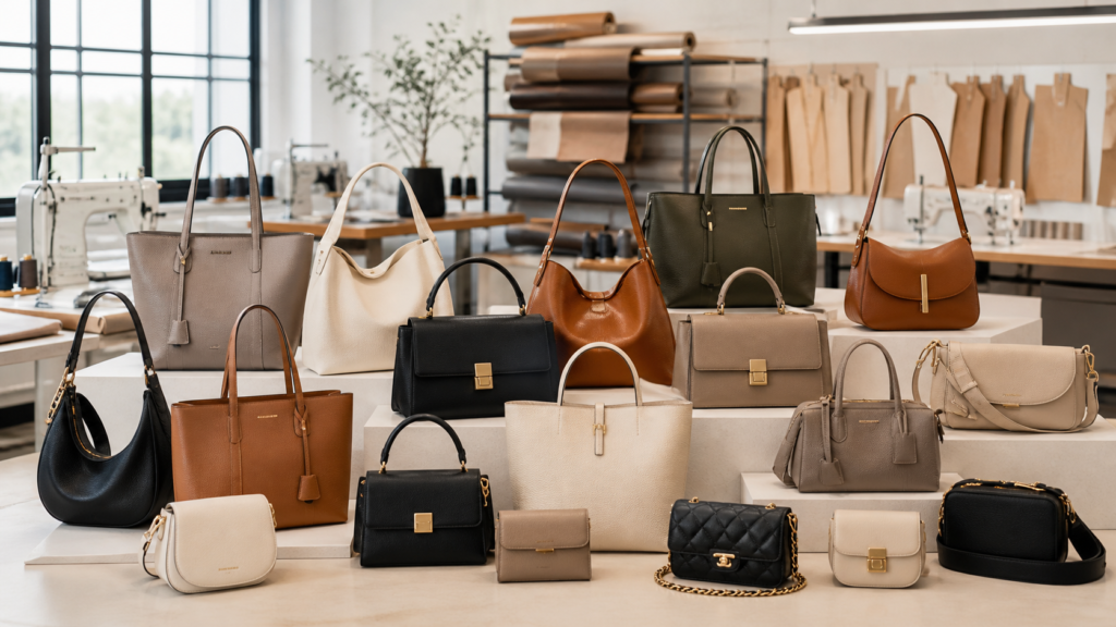 Collection of stylish handbags displayed elegantly