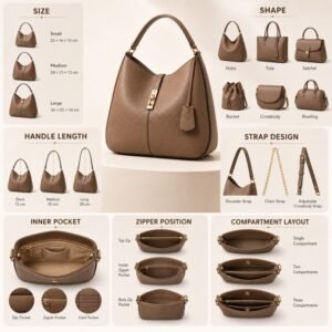 Various handbag styles and sizes displayed.