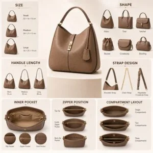 Various handbag styles and sizes displayed.