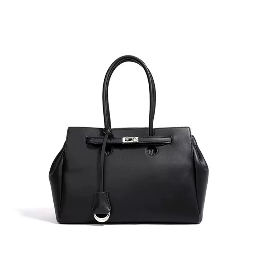 Elegant black leather handbag.