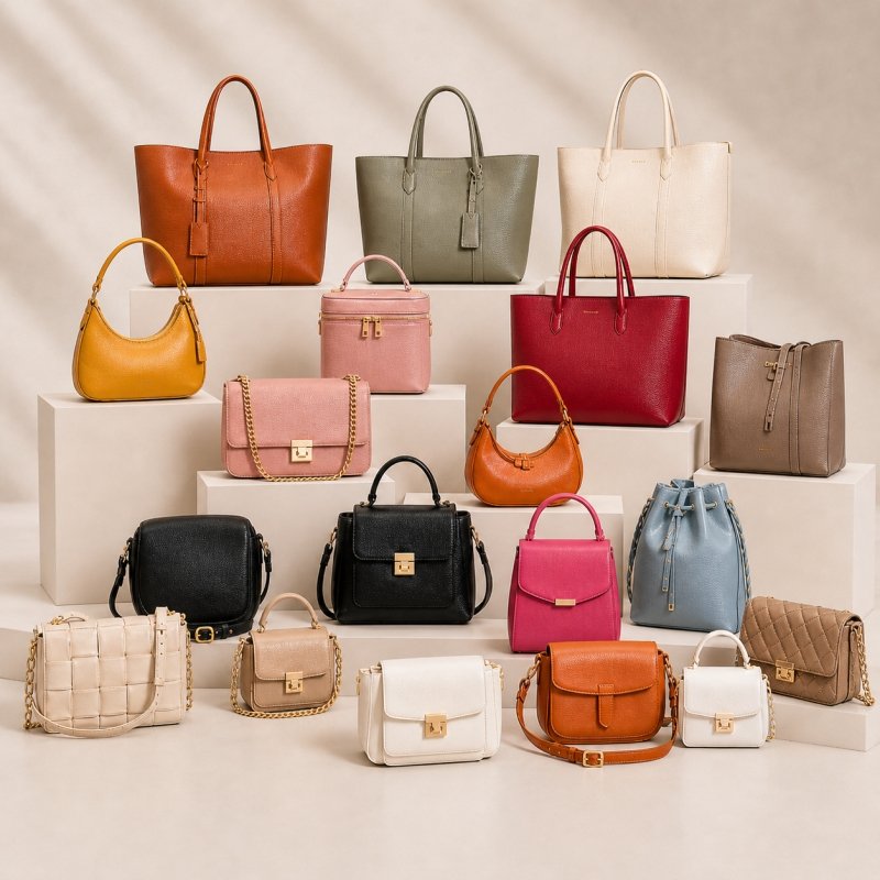 Variety of stylish handbags displayed elegantly